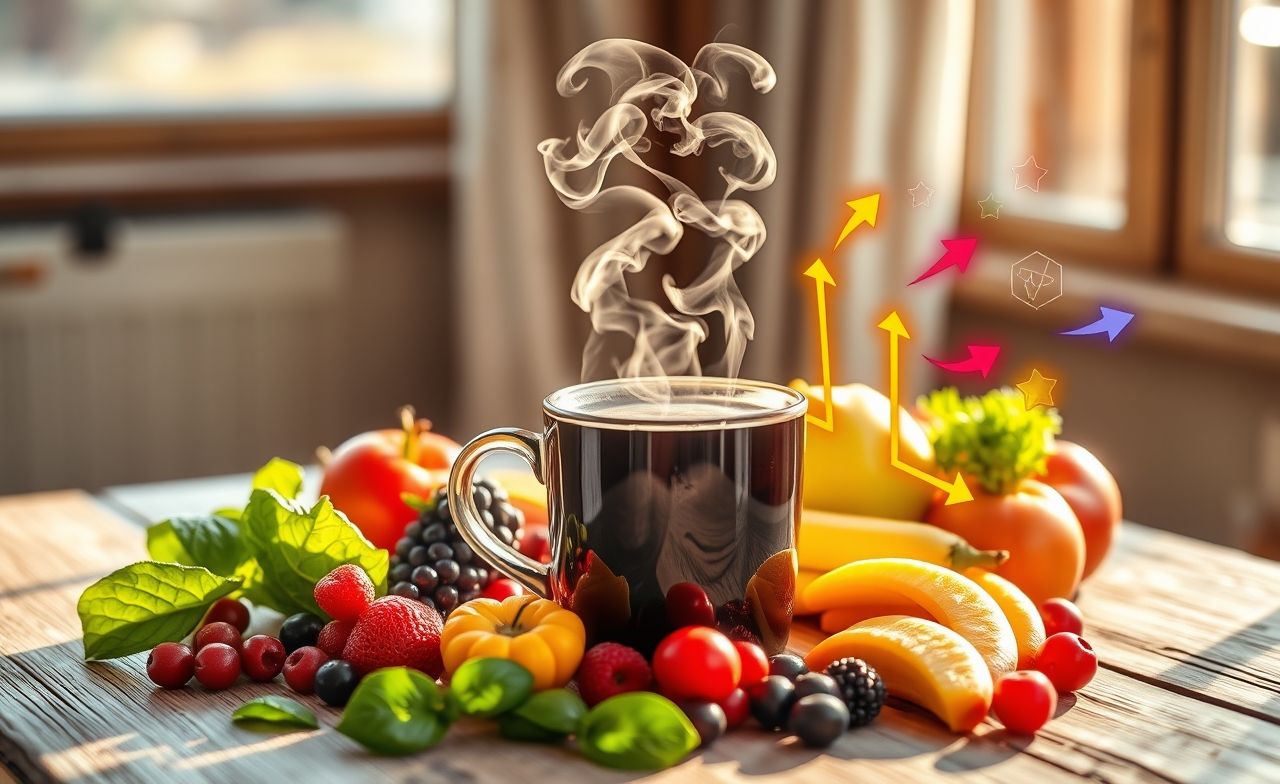 Uma xícara de café fumegante que energiza e acelera seu metabolismo, rodeada de opções alimentares saudáveis. Uma xícara de café fumegante que energiza e acelera seu metabolismo, rodeada de opções alimentares saudáveis.