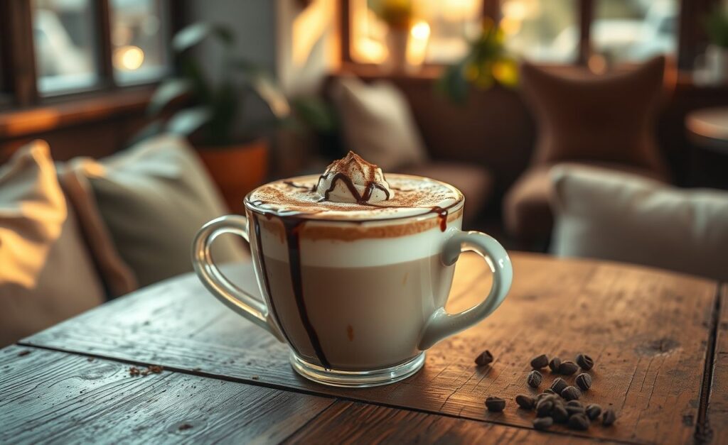 Delicie-se com este café cremoso, coberto com leite espumoso e um toque de chocolate, perfeito para aconchegar-se em um café.