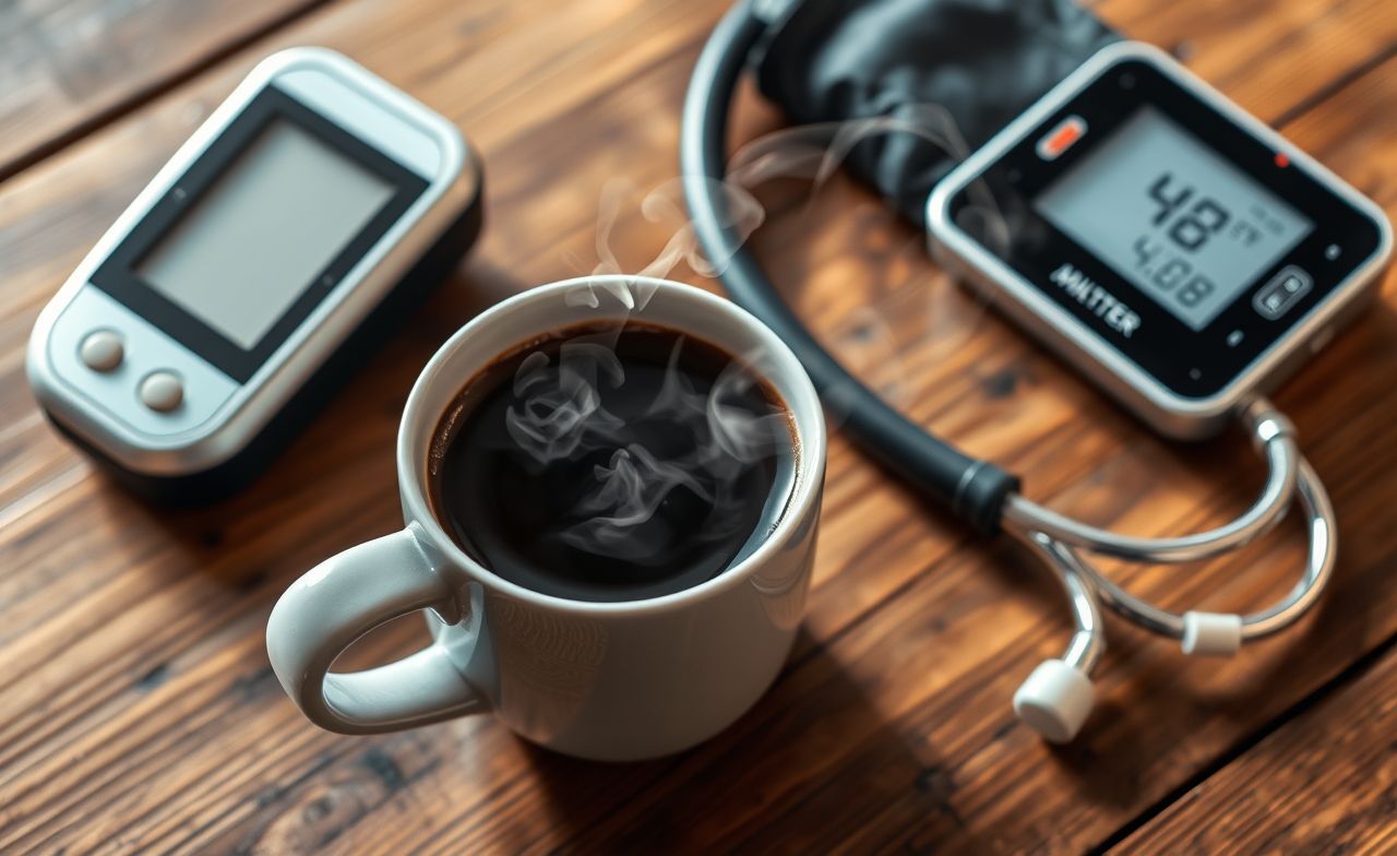 Uma xícara de café fumegante entre elementos médicos, revelando a conexão entre cafeína e hipertensão. Uma xícara de café fumegante entre elementos médicos, revelando a conexão entre cafeína e hipertensão.