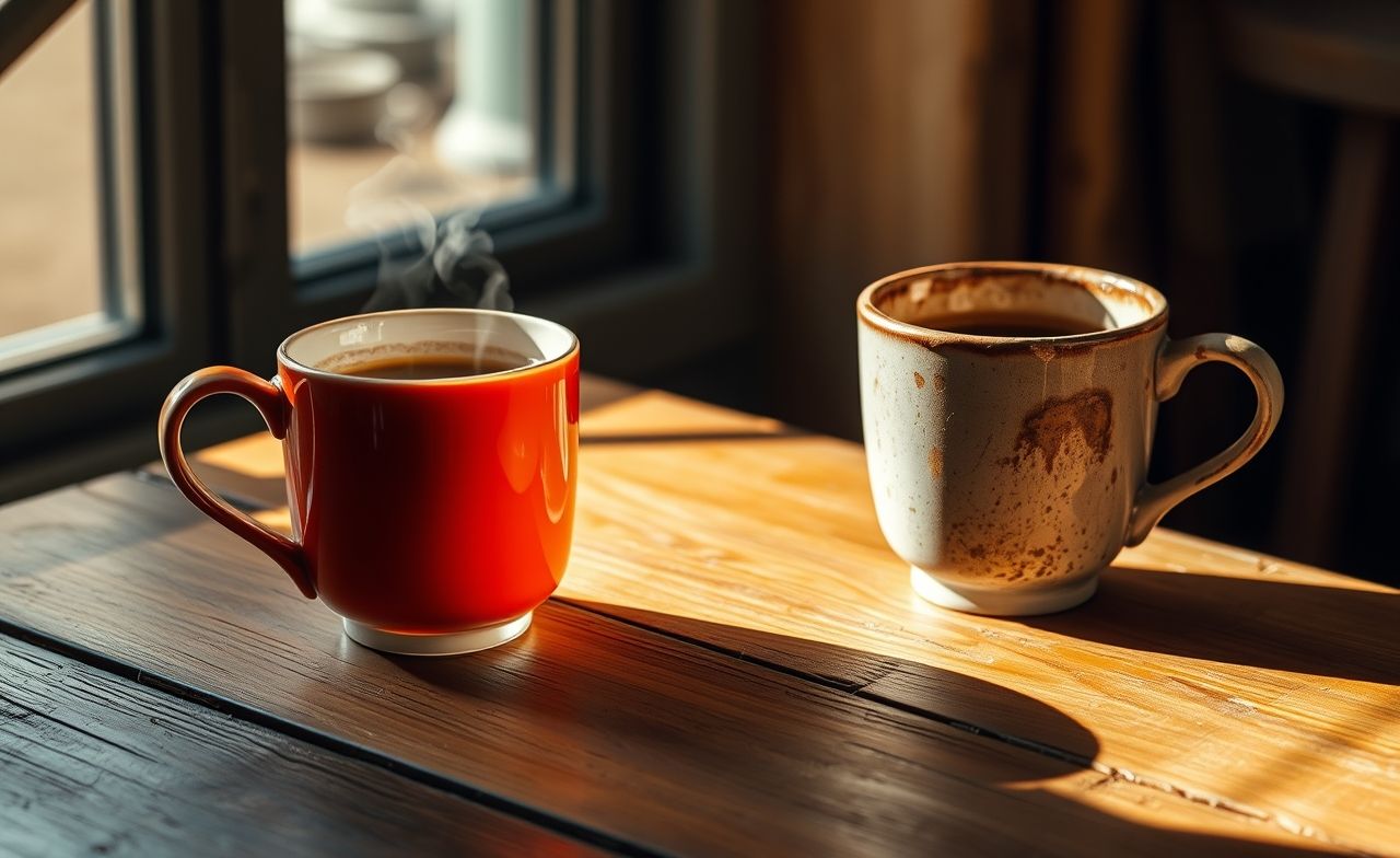 Uma xícara de café fresco destaca-se em contraste com uma antiga, evidenciando frescor e preocupações de saúde.