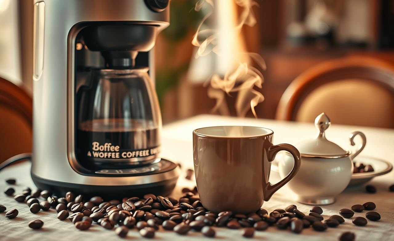 Desfrute do aroma do café fresco sendo preparado, com grãos de café e uma mesa encantadora pronta para momentos especiais. Desfrute do aroma do café fresco sendo preparado, com grãos de café e uma mesa encantadora pronta para momentos especiais.