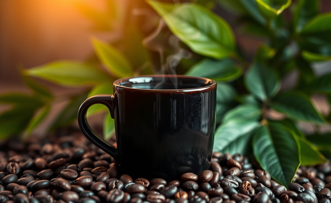 Descubra o aroma intenso do café preto, rodeado de grãos e uma planta vibrante, destacando seus antioxidantes. Descubra o aroma intenso do café preto, rodeado de grãos e uma planta vibrante, destacando seus antioxidantes.
