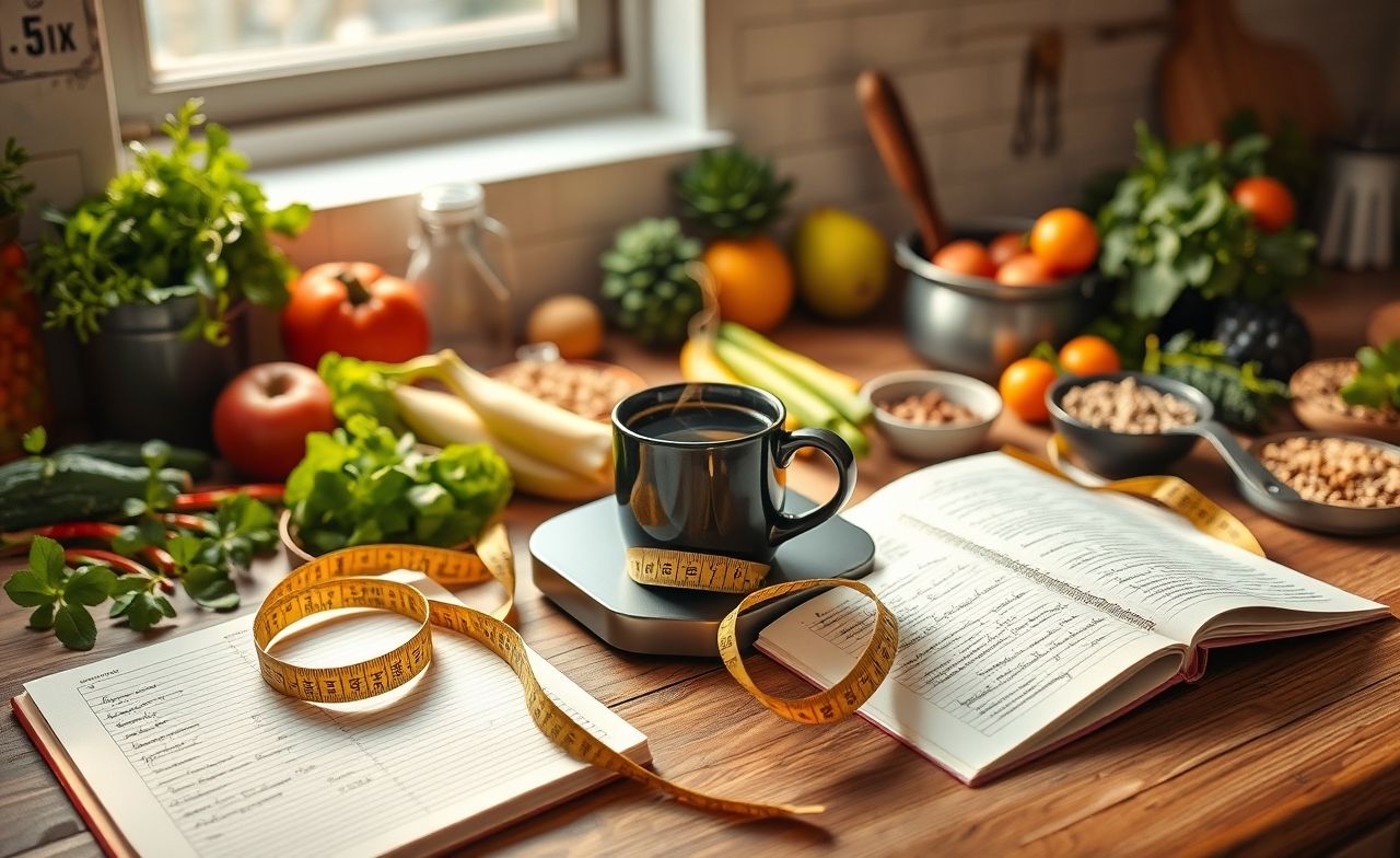 Uma xícara de café preto ao lado de itens saudáveis e um diário de emagrecimento, refletindo a conexão entre café e perda de peso. Uma xícara de café preto ao lado de itens saudáveis e um diário de emagrecimento, refletindo a conexão entre café e perda de peso.
