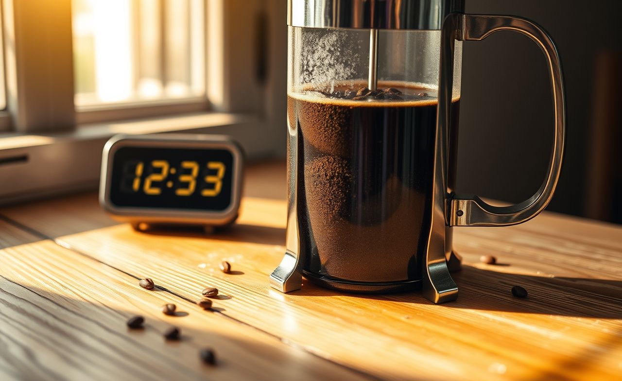 Uma cafeteira francesa em destaque, capturando o processo de infusão do café e seu aroma envolvente. Uma cafeteira francesa em destaque, capturando o processo de infusão do café e seu aroma envolvente.