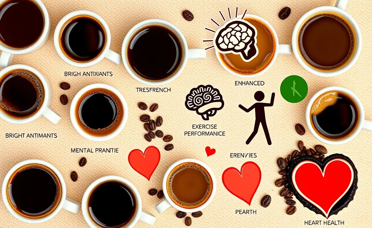 Descubra os benefícios do café: antioxidantes, saúde mental e desempenho físico em uma colagem vibrante e informativa. Descubra os benefícios do café: antioxidantes, saúde mental e desempenho físico em uma colagem vibrante e informativa.