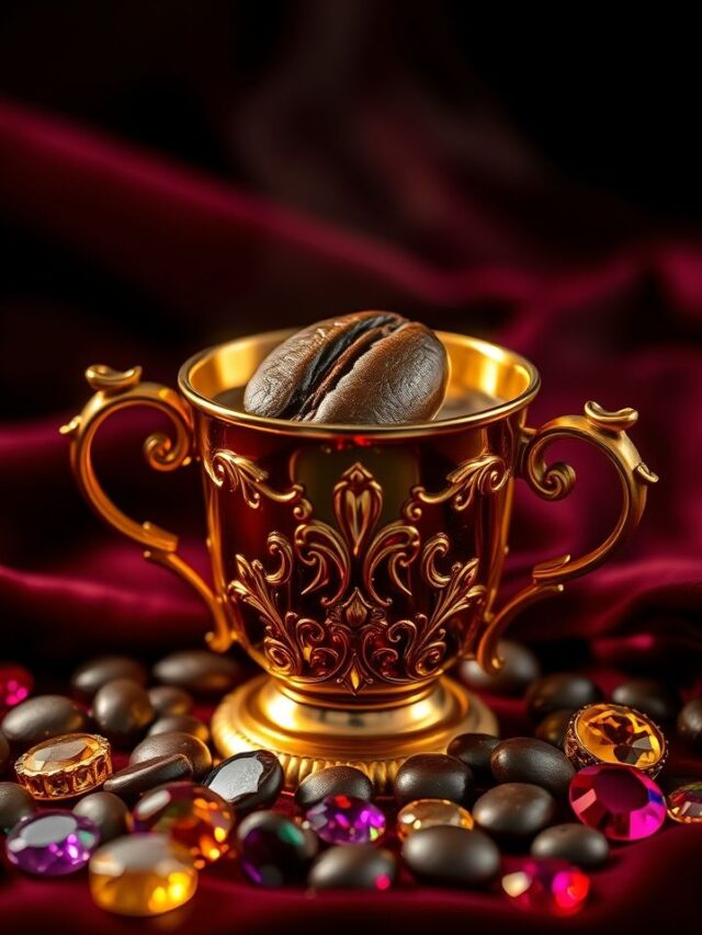 Um café raro e luxuoso em uma xícara dourada, cercado por joias, destacando a opulência do café mais caro do mundo.