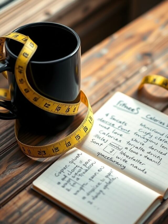 Uma xícara de café preto rodeada por uma fita métrica e anotações de calorias, simbolizando saúde e controle alimentar.