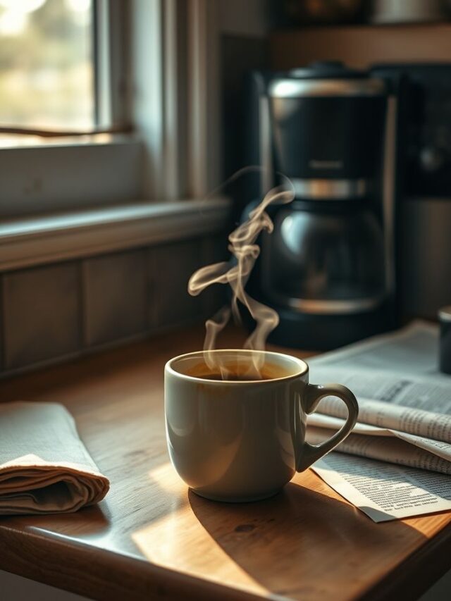 Uma xícara de café fumegante, rodeada de elementos da cozinha, evoca aconchego e nostalgia em cada gole.