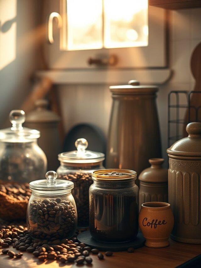 Cozinha acolhedora iluminada pelo sol, com métodos variados de armazenamento de café, criando um ambiente convidativo.