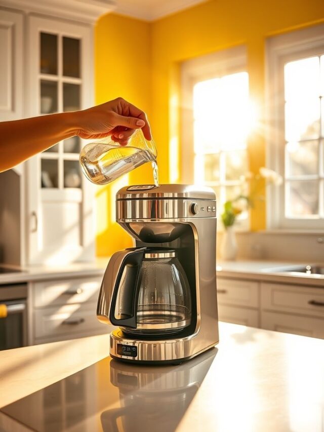 Cozinha ensolarada com uma máquina de café elétrica, perfeita para começar o dia com energia e aroma de café fresco.