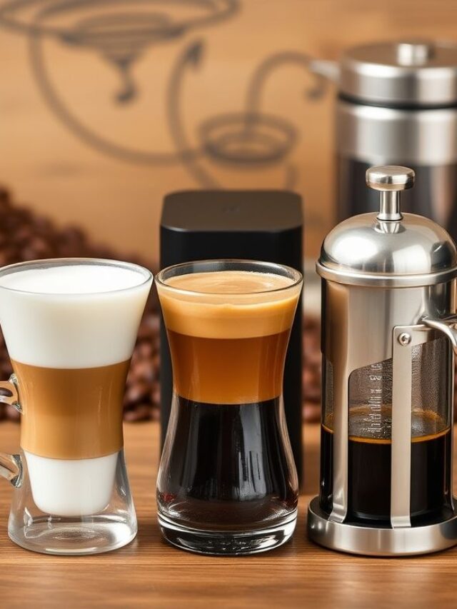 Explore a arte do café com diferentes métodos de preparo: cold brew, espresso, French press e mais, acompanhados de grãos frescos.