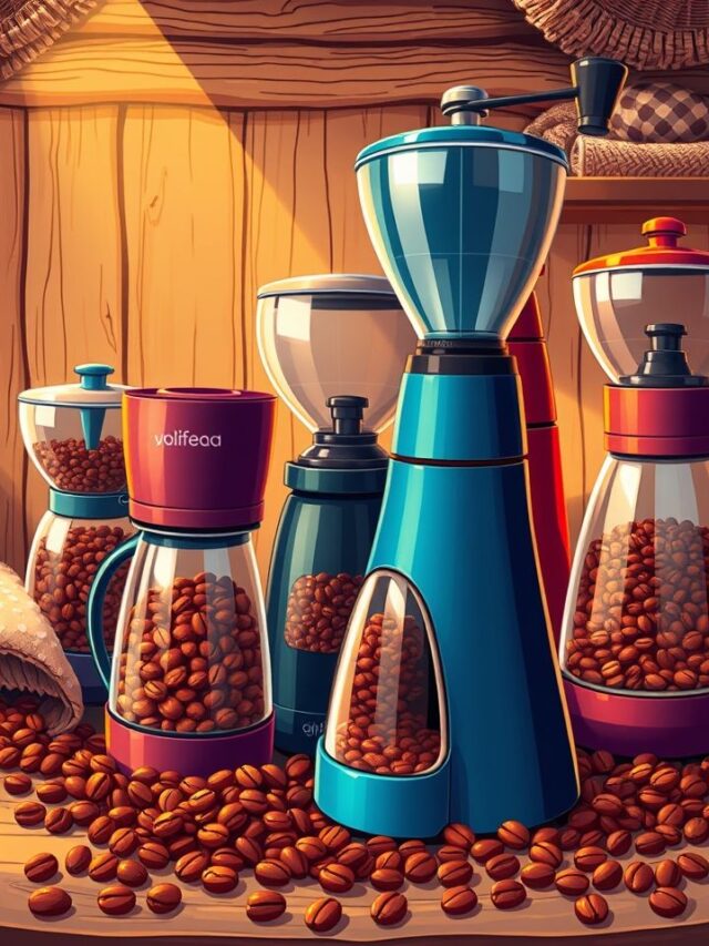 Descubra a arte de moer café com esta ilustração vibrante, repleta de moinhos e grãos coloridos que despertam o amor pelo café.