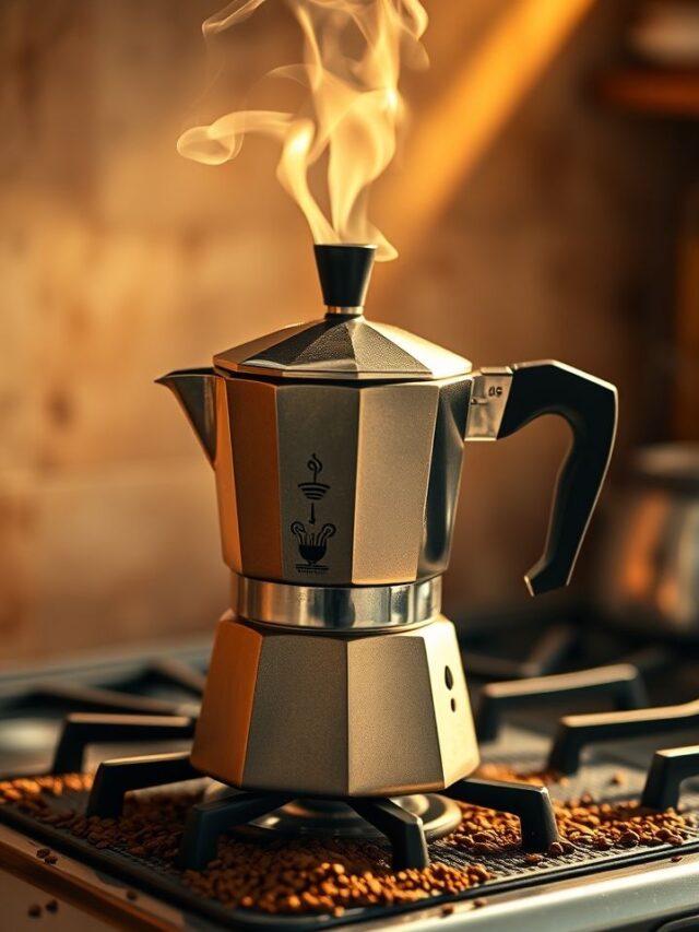 Close-up de uma moka pot no fogão, com vapor subindo e grãos de café ao redor, capturando a essência do café italiano.