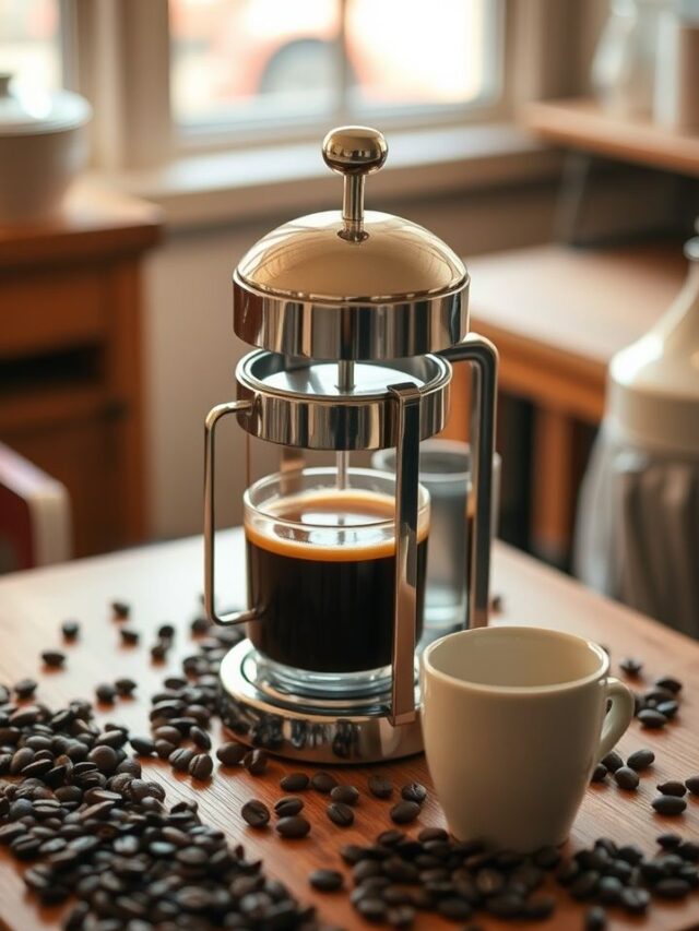 Uma elegante prensa francesa em uma mesa de madeira, rodeada por grãos de café, criando uma atmosfera acolhedora.