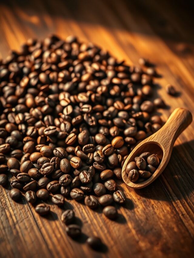 Descubra a riqueza dos grãos de café, iluminados pela luz quente, prontos para uma experiência única.
