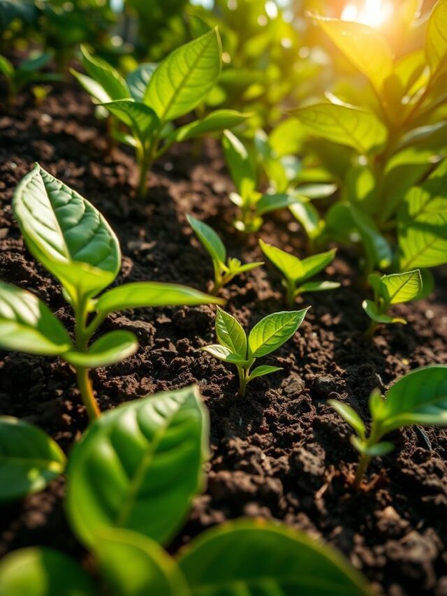 Solo rico e saudável com plantas de café vibrantes, iluminadas pelo sol, revelando a beleza da natureza.