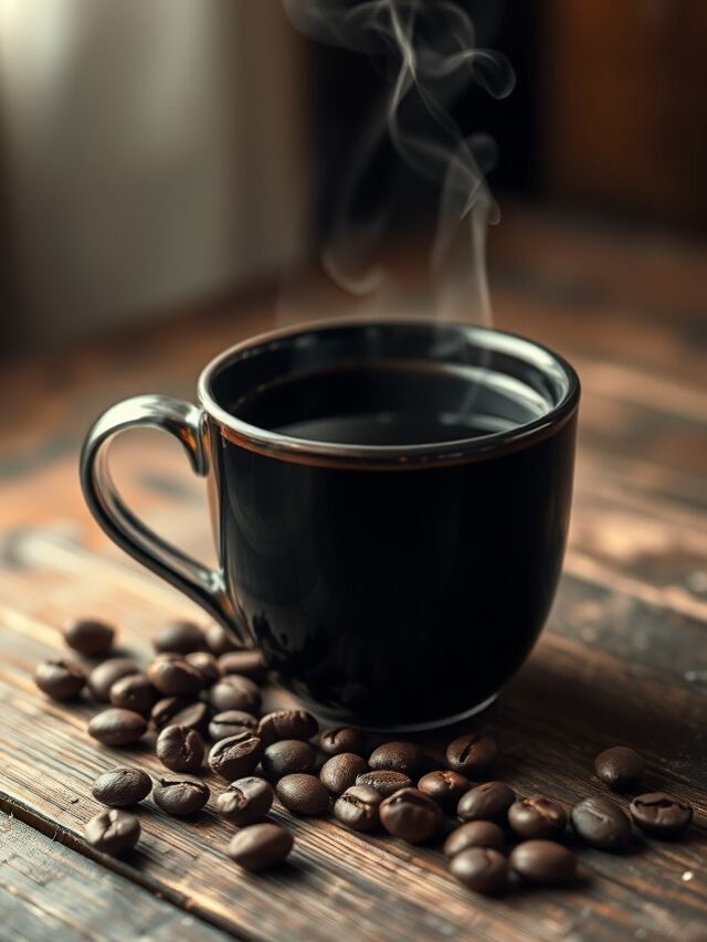 Uma xícara de café preto fumegante em uma mesa de madeira, iluminada suavemente, criando um ambiente acolhedor e convidativo.