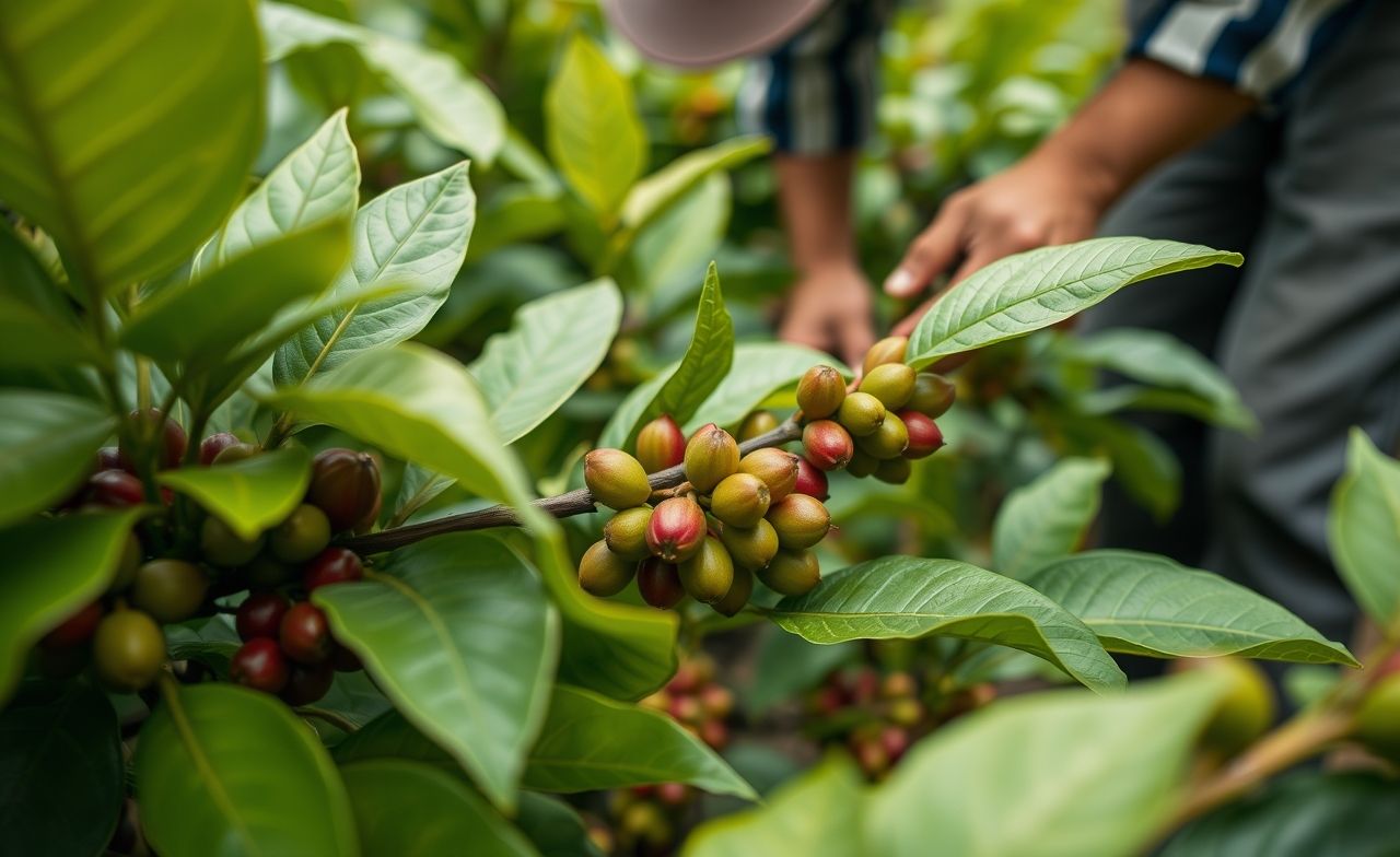 Close-up de uma fazenda de café com plantas saudáveis e cerejas maduras, destacando o cuidado do agricultor e técnicas de cultivo. Close-up de uma fazenda de café com plantas saudáveis e cerejas maduras, destacando o cuidado do agricultor e técnicas de cultivo.