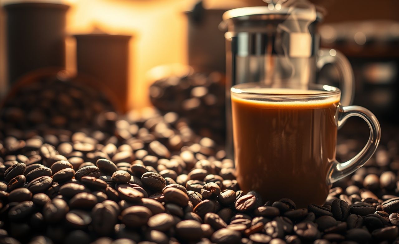 Aprecie a essência do café com grãos recém-torrados, uma French press e uma xícara fumegante, prometendo uma experiência aromática. Aprecie a essência do café com grãos recém-torrados, uma French press e uma xícara fumegante, prometendo uma experiência aromática.