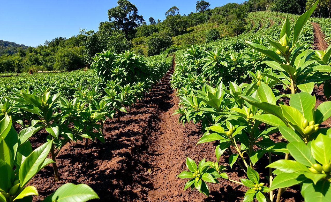 Descubra uma plantação de café vibrante, onde plantas saudáveis prosperam sob um céu azul claro, em harmonia com a natureza. plantio de café