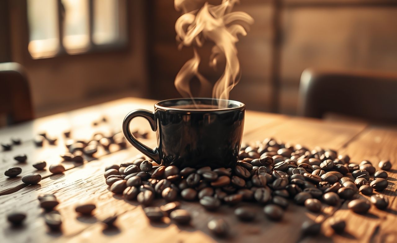 Uma xícara de café preto fumegante, repleta de aroma, rica em antioxidantes e benefícios para o cérebro e coração. Uma xícara de café preto fumegante, repleta de aroma, rica em antioxidantes e benefícios para o cérebro e coração.