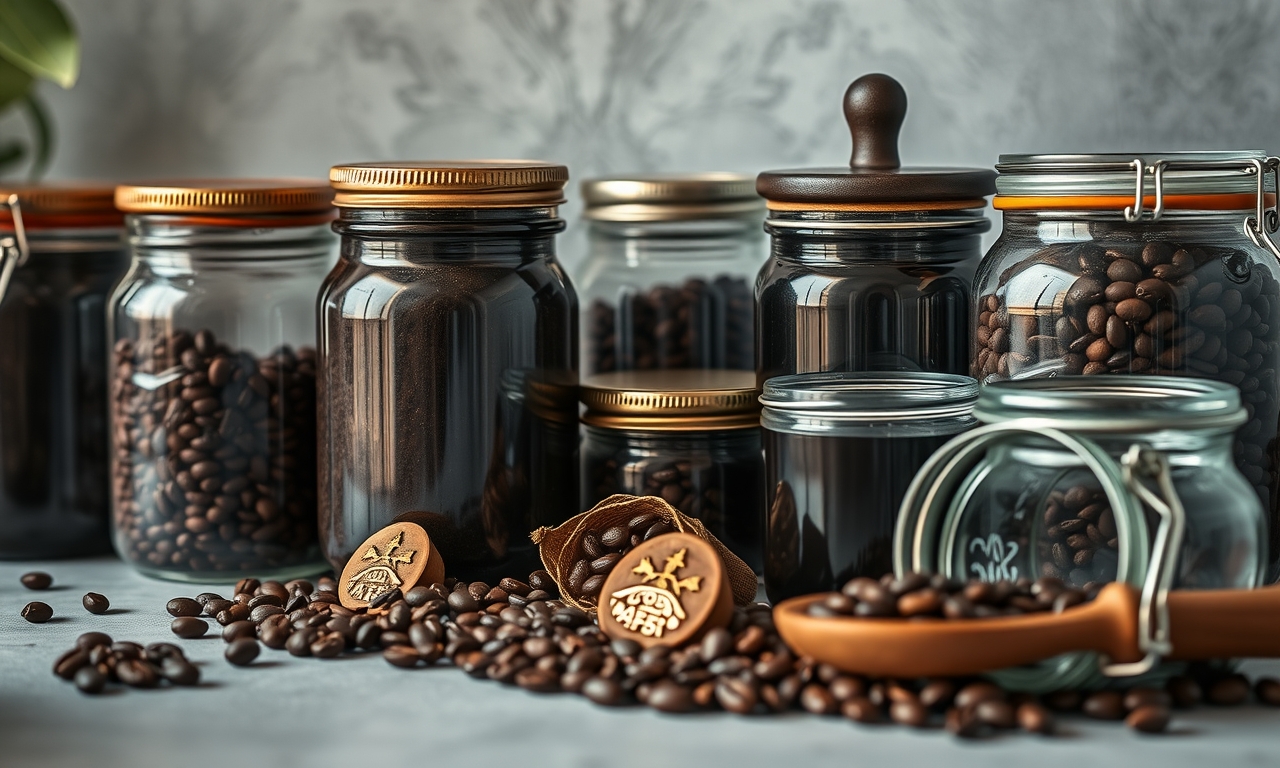 Jarros de vidro escuro com grãos de café artesanal, iluminação suave e texturas detalhadas. Preserve o sabor e a qualidade do seu café. Jarros de vidro escuro com grãos de café artesanal, iluminação suave e texturas detalhadas. Preserve o sabor e a qualidade do seu café.