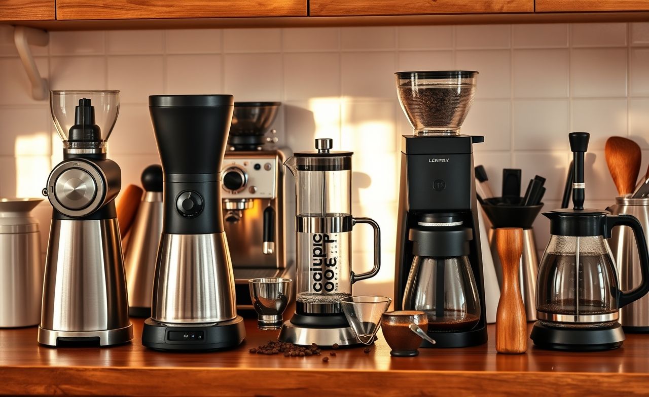 Explore a arte do café na cozinha de um entusiasta, com três moedores e diversos métodos de preparo em destaque. Explore a arte do café na cozinha de um entusiasta, com três moedores e diversos métodos de preparo em destaque.