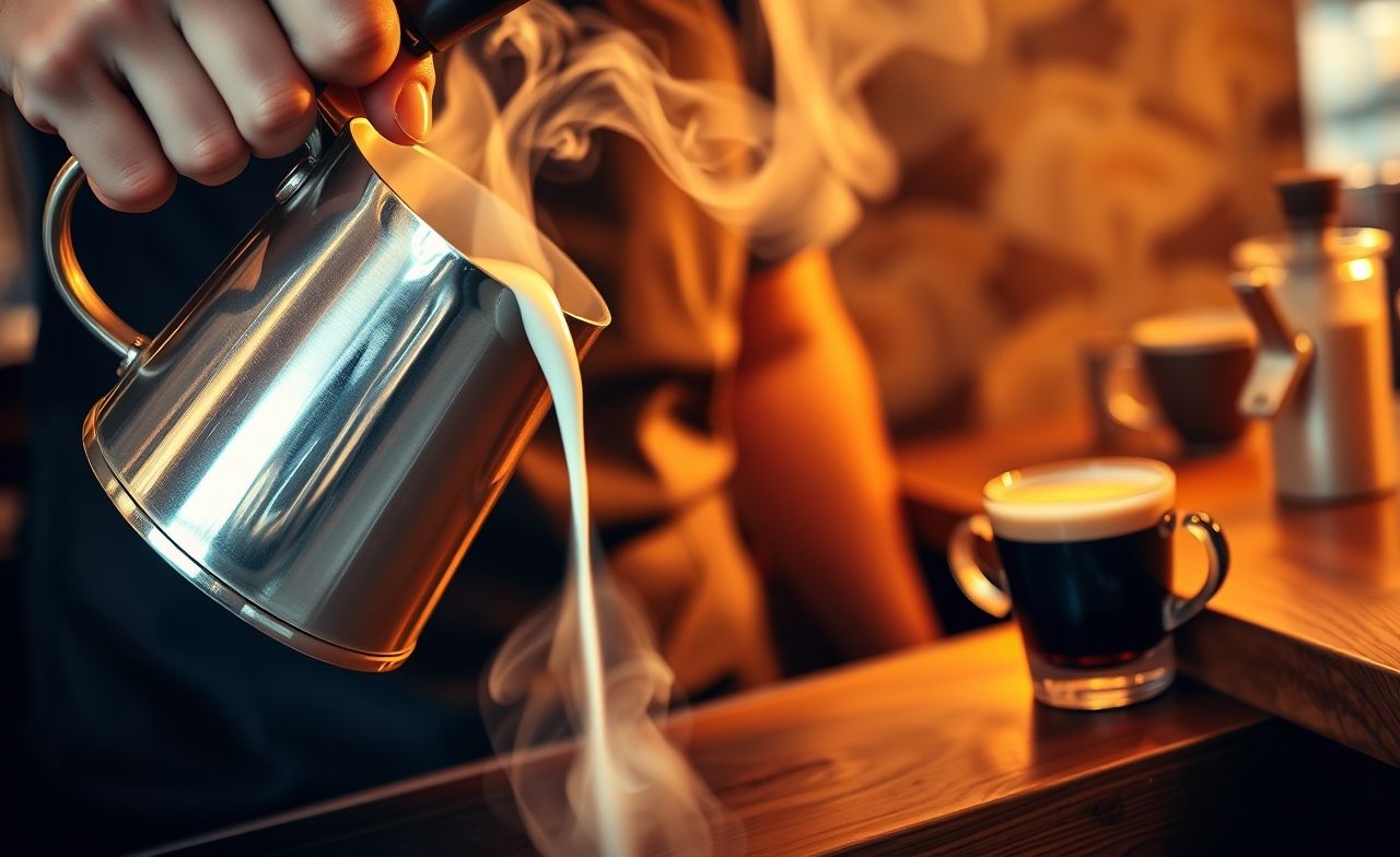 Barista aperfeiçoando a arte do café com vapor, criando uma microespuma cremosa para um espresso delicioso. Barista aperfeiçoando a arte do café com vapor, criando uma microespuma cremosa para um espresso delicioso.