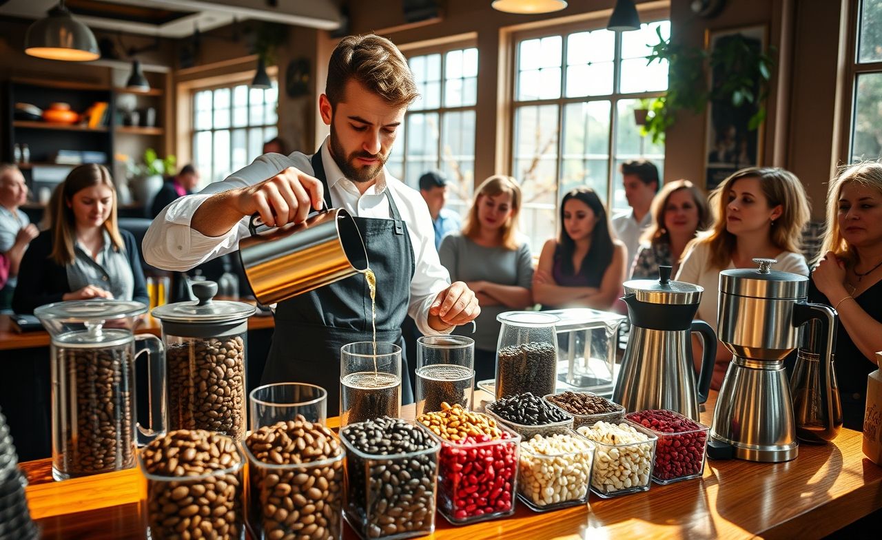 Um barista em ação, mostrando a técnica de pré-infusão do café. Explore sabores e métodos com diferentes grãos e temperaturas. Um barista em ação, mostrando a técnica de pré-infusão do café. Explore sabores e métodos com diferentes grãos e temperaturas.