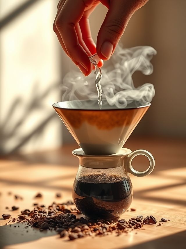 Close-up de mão despejando água quente sobre café em um dripper V60, com vapor e luz suave. Perfeito para amantes de café artesanal e momentos relaxantes.