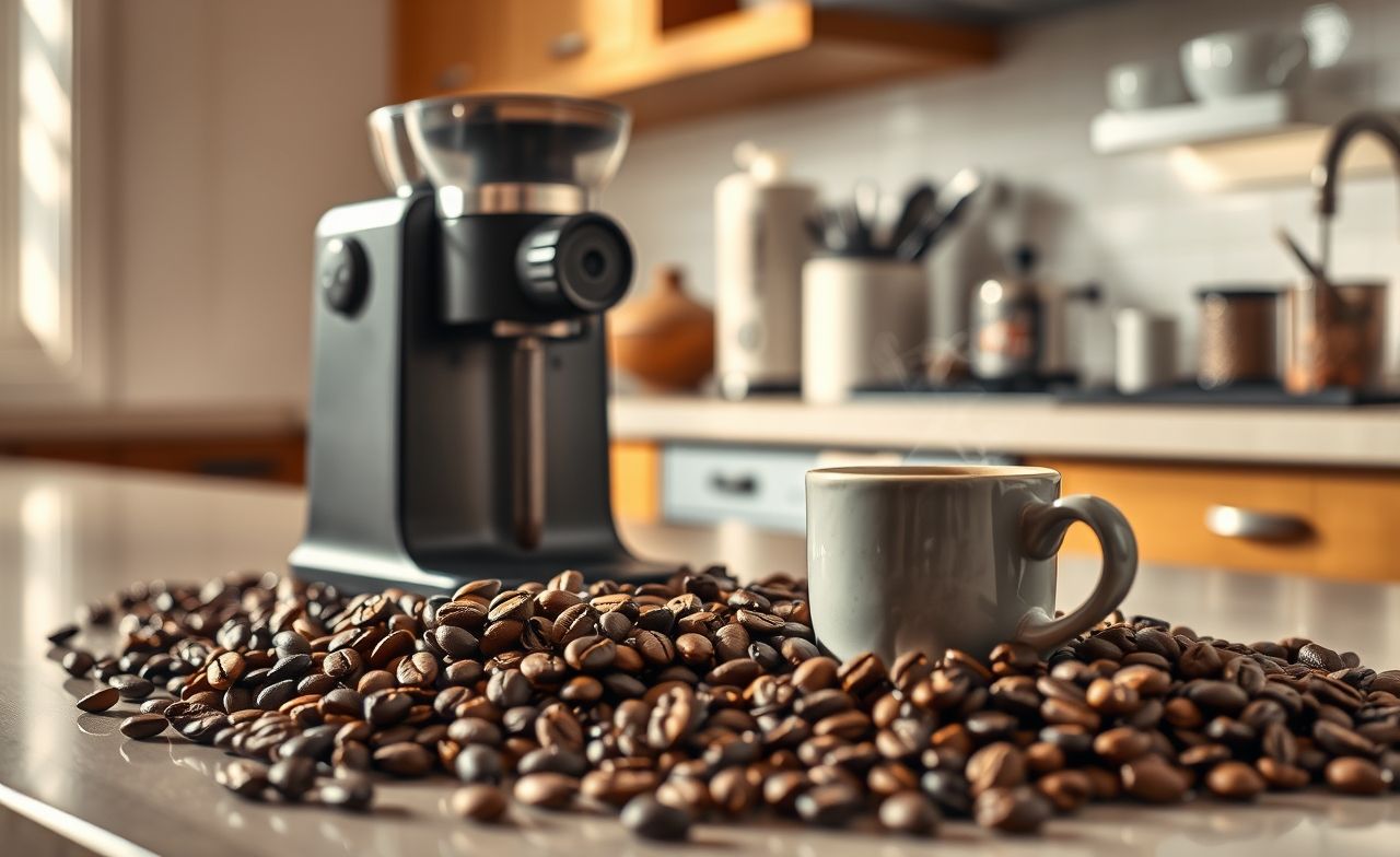 Transforme sua cozinha em uma cafeteria: moinho profissional, grãos e café fumegante para uma experiência barista em casa. Transforme sua cozinha em uma cafeteria: moinho profissional, grãos e café fumegante para uma experiência barista em casa.