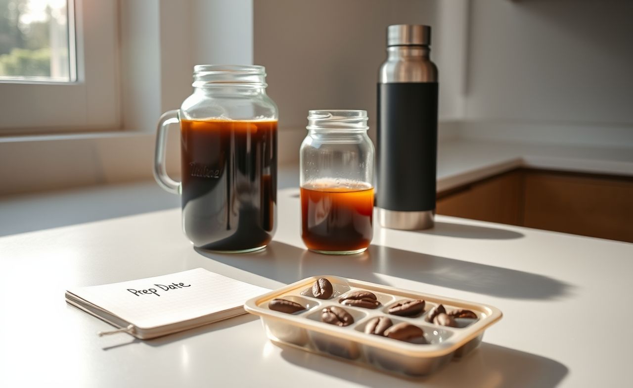 Preparo artesanal de cold brew: jarra de vidro com café gelado, termo inox e cubos de gelo com grãos. Luz suave destaca a bebida escura e refrescante. Preparo artesanal de cold brew: jarra de vidro com café gelado, termo inox e cubos de gelo com grãos. Luz suave destaca a bebida escura e refrescante.