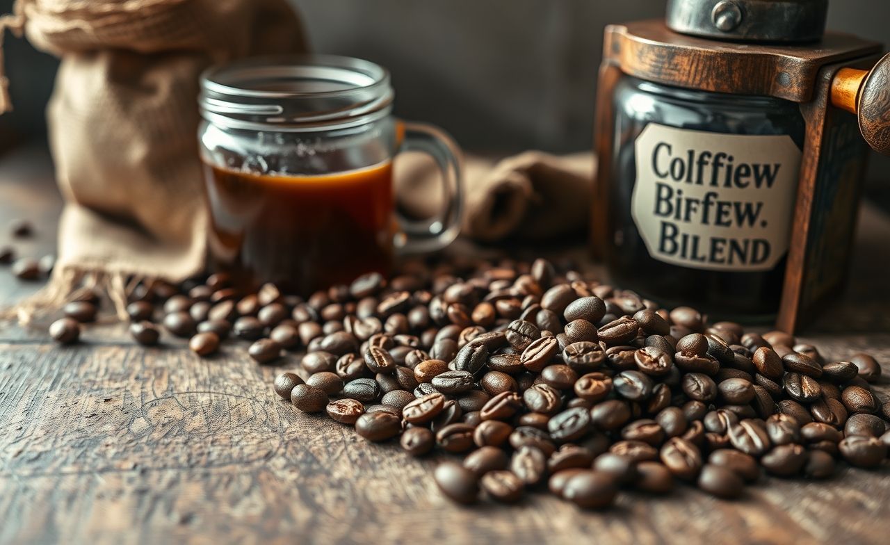 Grãos de café selecionados (Brasil, Colômbia, Etiópia) sobre mesa rústica, ao lado de cold brew em preparo. Luz suave destaca texturas e o blend especial em saco de juta. Perfeito para amantes de café artesanal. Grãos de café selecionados (Brasil, Colômbia, Etiópia) sobre mesa rústica, ao lado de cold brew em preparo. Luz suave destaca texturas e o blend especial em saco de juta. Perfeito para amantes de café artesanal.