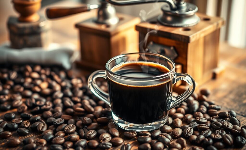 Uma xícara fumegante de espresso sobre uma mesa de madeira, acompanhada de grãos e um moedor, revelando o ritual do café.