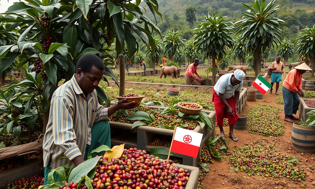 Agricultores etíopes colhem café em meio a tensões políticas e desafios econômicos, retratando a realidade complexa por trás da produção. Agricultores etíopes colhem café em meio a tensões políticas e desafios econômicos, retratando a realidade complexa por trás da produção.