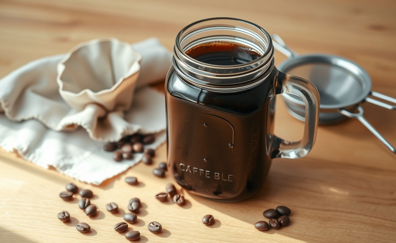 Cold brew caseiro em pote de vidro com filtro de pano, grãos e peneira sobre mesa rústica. Luz suave e gotas de condensação criam um clima acolhedor. Cold brew caseiro em pote de vidro com filtro de pano, grãos e peneira sobre mesa rústica. Luz suave e gotas de condensação criam um clima acolhedor.