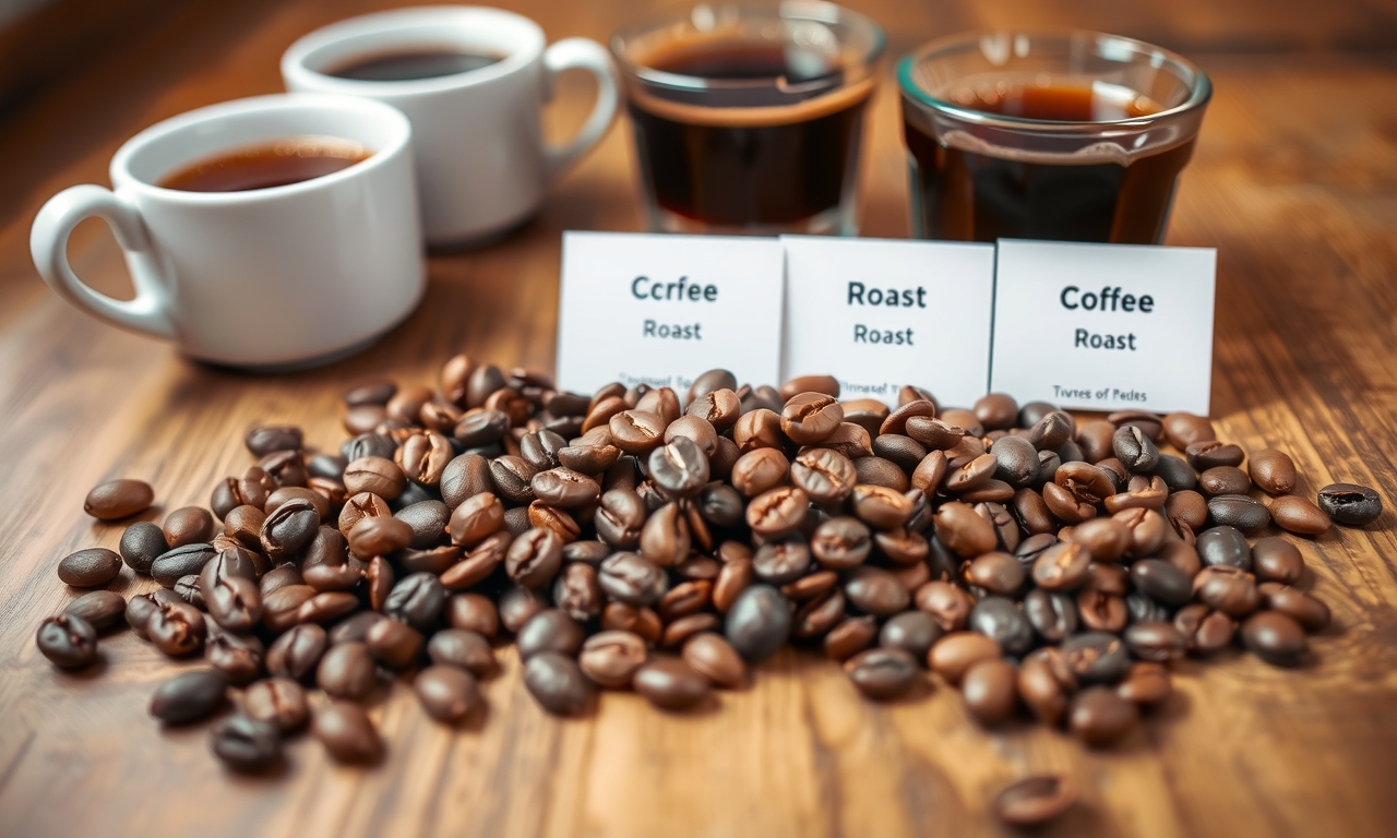 Seleção refinada de grãos de café gourmet em diferentes níveis de torra, revelando a riqueza e complexidade dos sabores. tipos de café gourmet