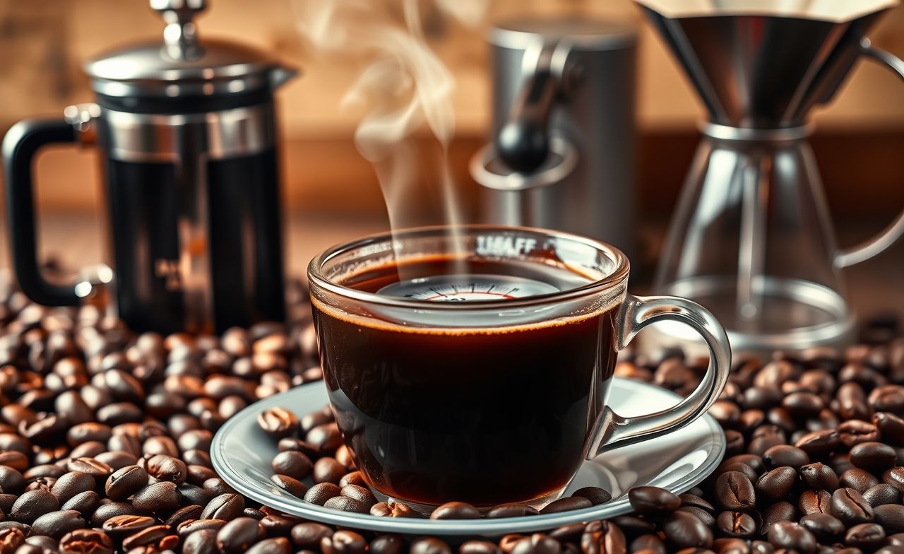 Descubra o segredo do café ideal: uma xícara fumegante ao lado de métodos de preparo e a temperatura perfeita. temperatura ideal para café