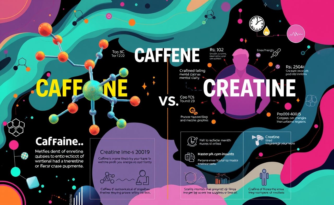 Explore as diferenças entre cafeína e creatina com suas estruturas químicas e benefícios vibrantes!