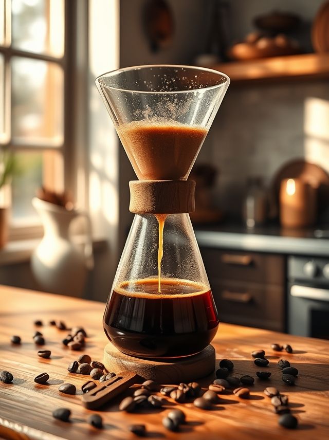 Uma encantadora Chemex revela café fresco em um ambiente acolhedor, onde grãos de café convidam a momentos especiais.