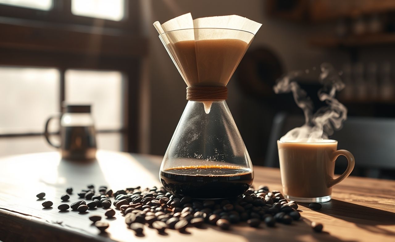 Desfrute do processo de preparo do café com a elegante Chemex, rodeada por grãos e uma xícara fumegante. preparo com chemex