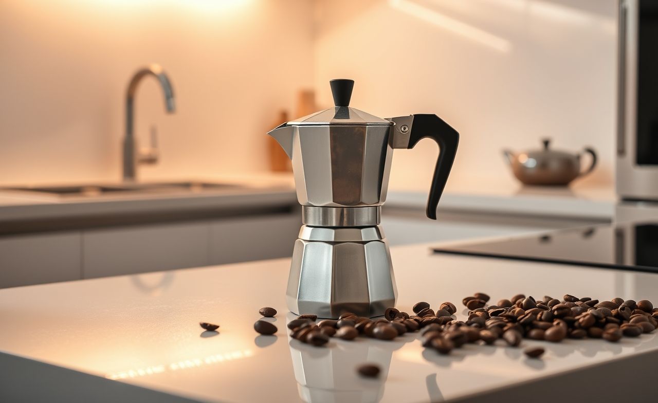 Uma moka pot branquíssima destaca-se em uma bancada, rodeada por água cristalina e grãos de café orgânico, exalando frescor. Uma moka pot branquíssima destaca-se em uma bancada, rodeada por água cristalina e grãos de café orgânico, exalando frescor.