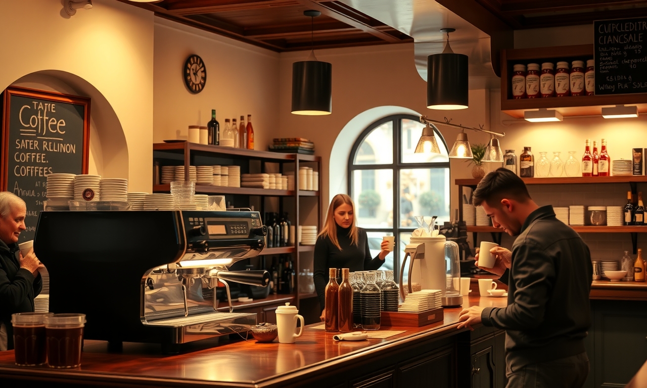 Ambiente acolhedor de uma cafeteria italiana tradicional, com máquina de espresso, barista preparando bebidas e clientes desfrutando do momento.