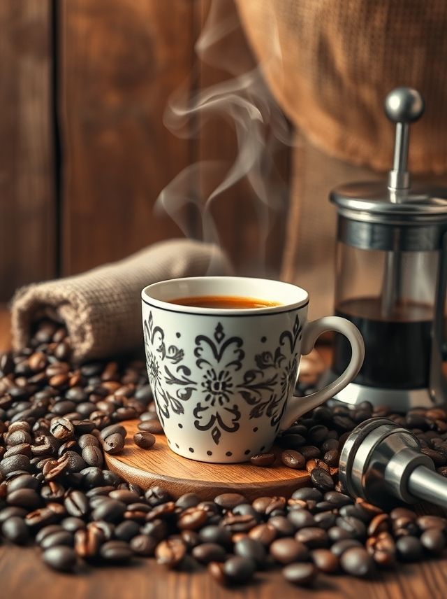 Uma caneca de café envolta em vapor, realçando grãos e métodos de preparo, em um cenário rústico e acolhedor.