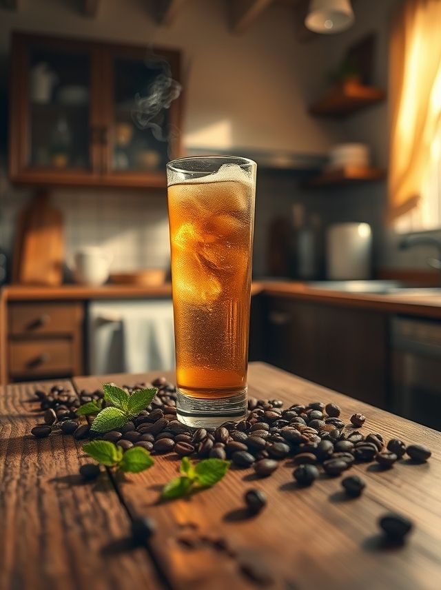 Uma cozinha aconchegante com café frio, luz suave e folhas de hortelã, ideal para momentos relaxantes.
