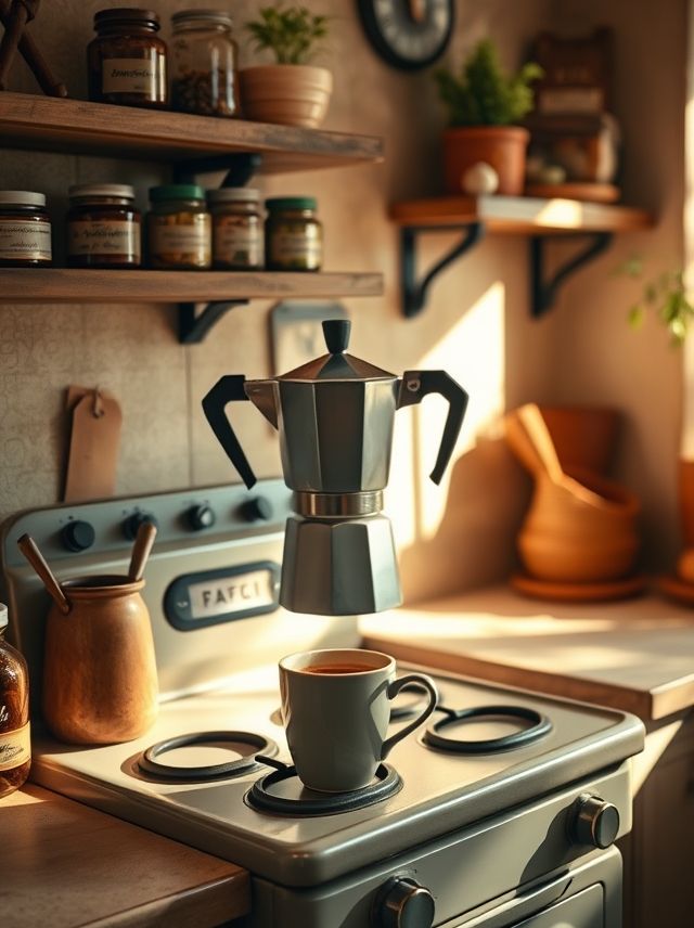 Uma cozinha aconchegante com uma moka, café fresco e luz suave, perfeita para momentos de relaxamento.