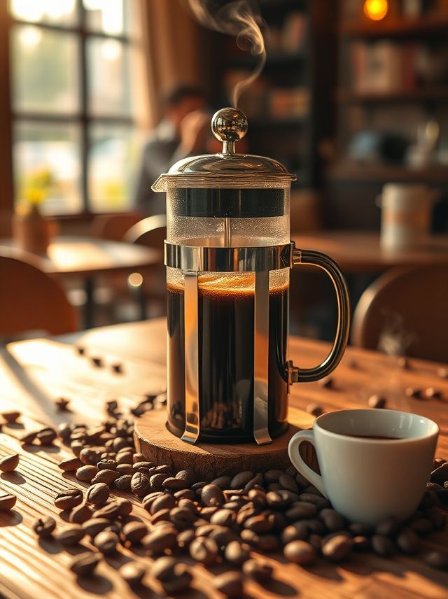 Descubra a essência do café com esta cena aconchegante: prensa francesa, café fresco e uma atmosfera acolhedora.