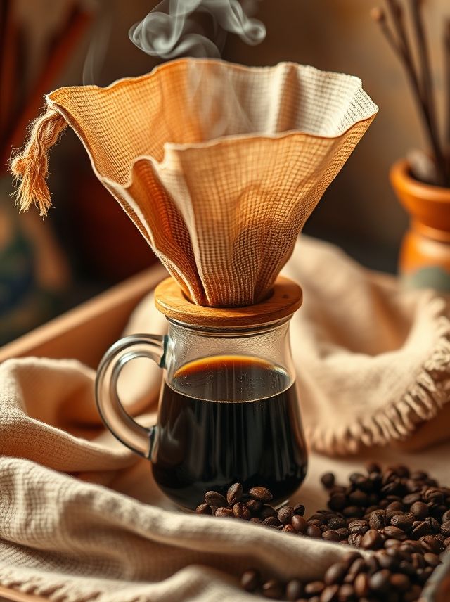 Uma cena aconchegante de café, com filtro de pano em uso e café fresco gotejando, iluminada por luz suave.