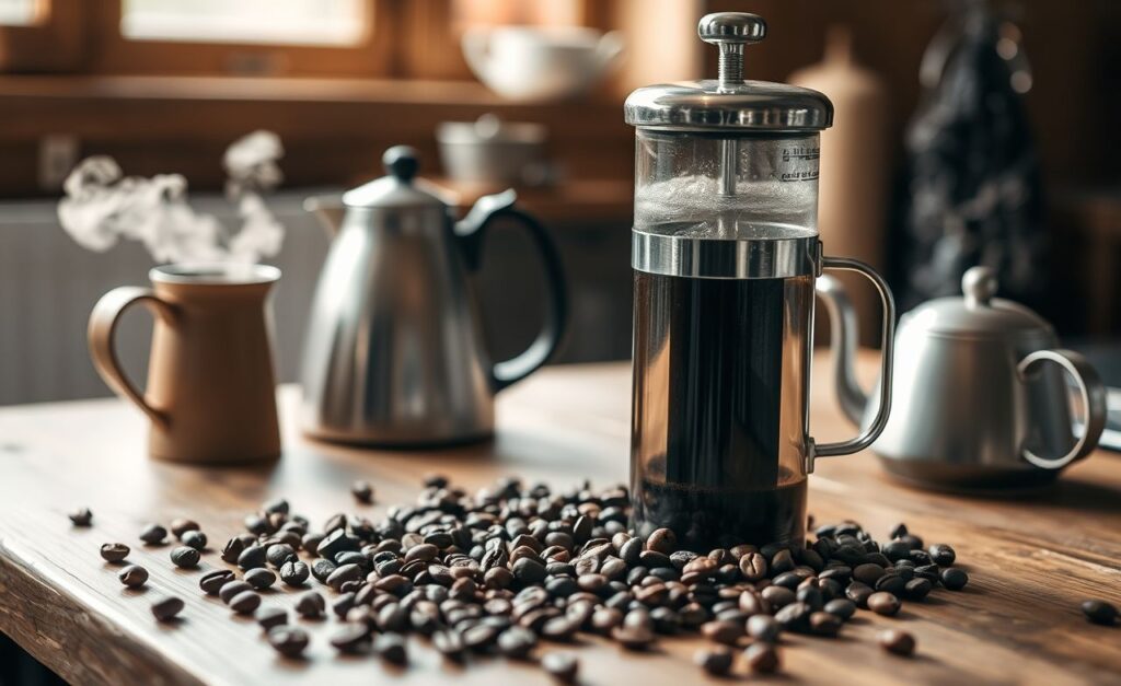 Descubra a simplicidade e o frescor na preparação de café com uma cafeteira francesa clássica, grãos frescos e água fumegante sobre uma mesa de madeira em uma cozinha caseira aconchegante. Uma imagem que inspira momentos relaxantes e autênticos.
