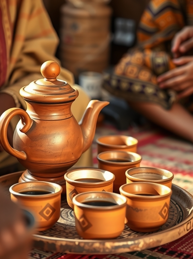 Cena autêntica de uma cerimônia de café etíope, com jarro e xícaras de barro, tons terrosos e luz natural. Celebração cultural detalhada e acolhedora.